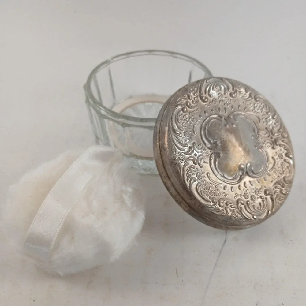 Crystal Powder Box with Silver Plated Lid Powder Puff Davco Silver LTD 7092 NIB